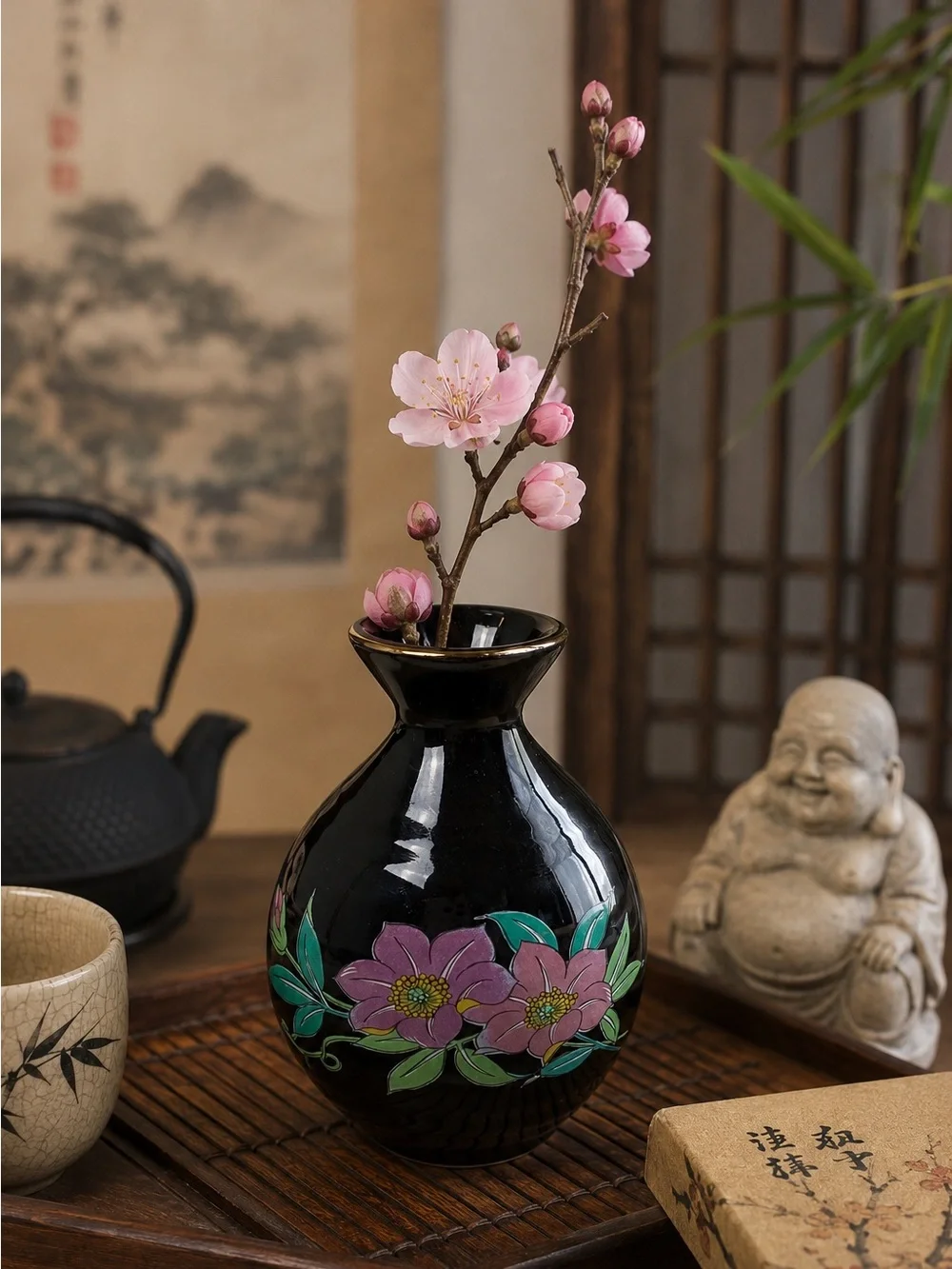 Vintage Black Floral Bud Vase Japan Hand Painted Pink Flowers Gold Trim Ceramic